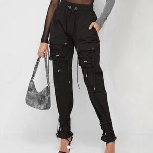 NWOT Maniere De Voir Black Cargo Pants with Bungee Cord